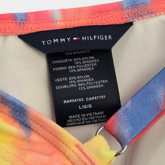 TOMMY HILFIGER Tie Dye Stretch Tie-Front Deep V Neck Bikini Top Hot Pink L NWT - Picture 7 of 10